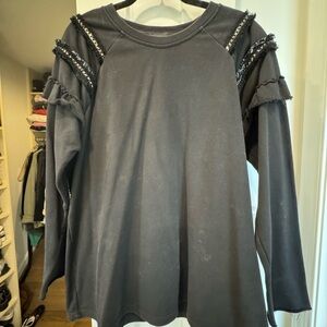 Gray Ruffled Long Sleeve Blouse with Embellishments